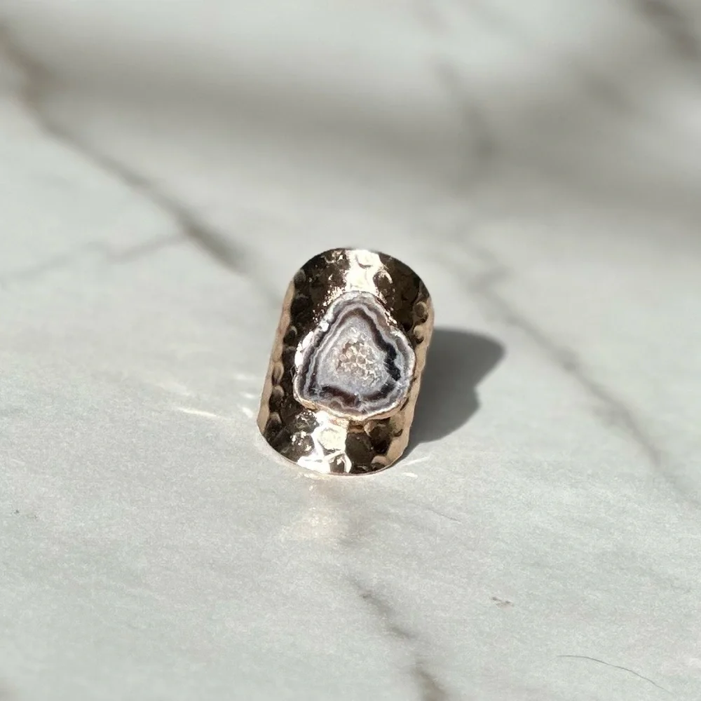 Luxury Natural Stone Adjustable Irregular Geode Gold-plated Ring